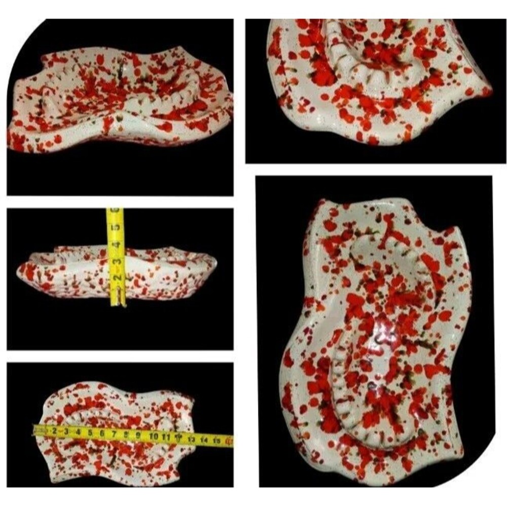 Large 1970's Ceramic Abstract Freeform Splatterware Glazed Ashtray Red White